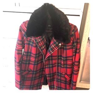 Red plaid full zip wool coat